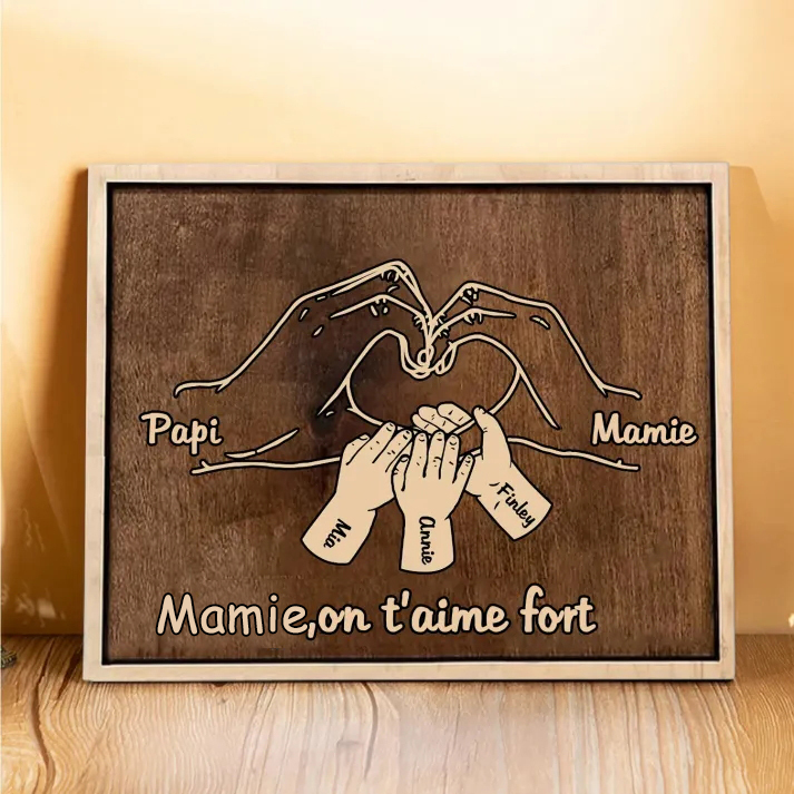 À Papi/Mamie - Cadre en Bois la Main dans la Main 5 Prénoms Personnalisés avec Texte Cadeau pour Famille