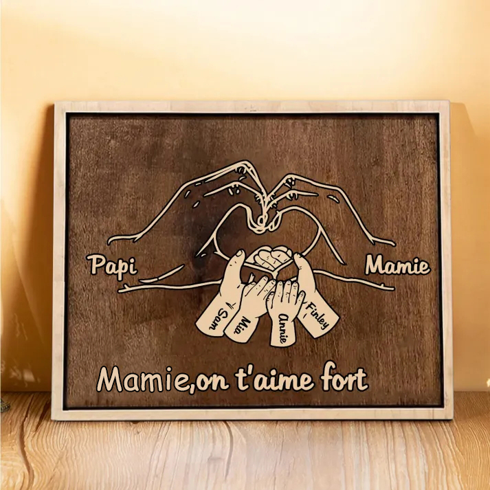 À Papi/Mamie - Cadre en Bois la Main dans la Main 6 Prénoms Personnalisés avec Texte Cadeau pour Famille