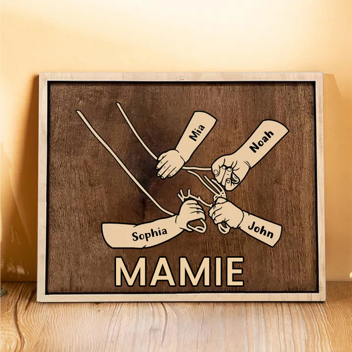 À Papi/Mamie - Cadre en Bois la Main dans la Main 4 Prénoms Personnalisés avec Texte Cadeau pour Famille