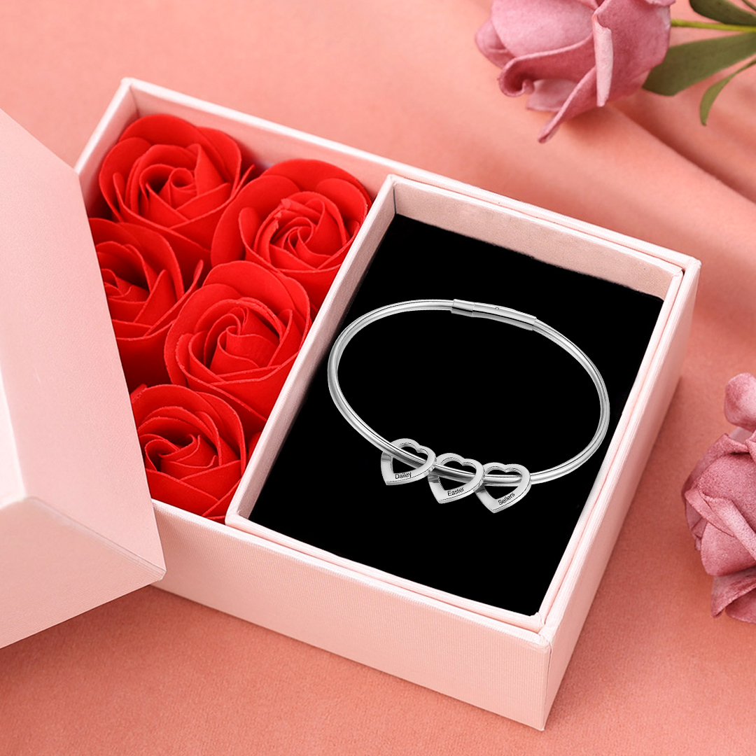 Bracelet 3 Prénoms Personnalisés Avec 3 Pendentifs Coeur Bracelet Coeur Avec Coffret|Jessemade