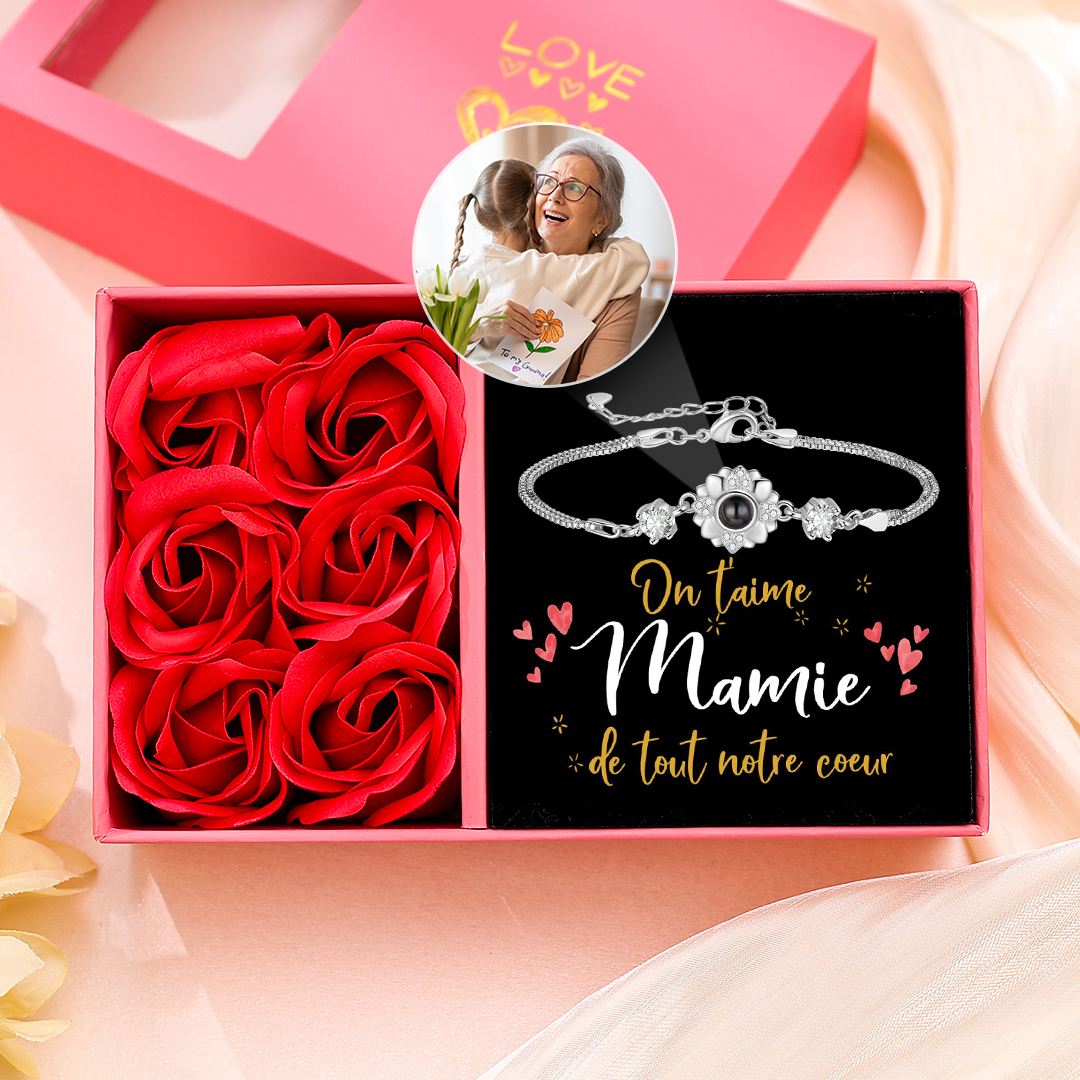 À Mamie - Bracelet Personnalisé avec Photo Fleur Bracelet Photo Projection Argent pour Mamie｜Jessemade