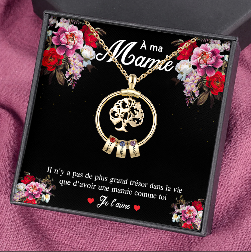 Collier Pendentif Arbre de vie Arbre généalogique 3 Cercles Avec Pierre De Naissance