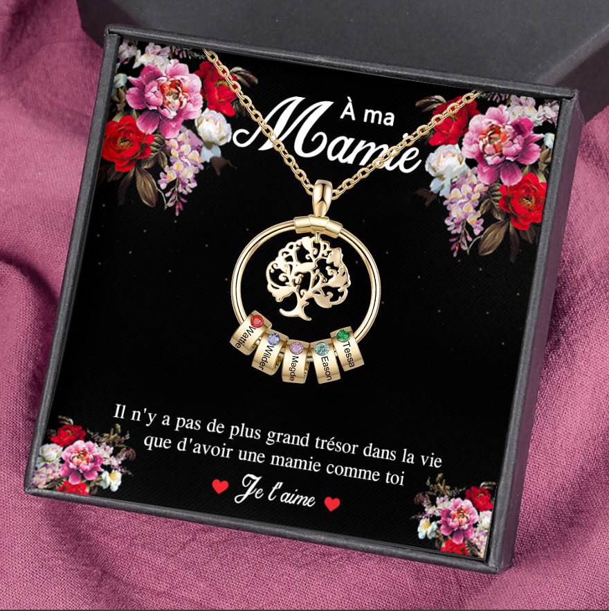 À Ma Mamie-Collier Pendentif Arbre de vie Arbre Généalogique Personnalisé 5 Cercles Avec 5 Pierres De Naissance | Jessemade