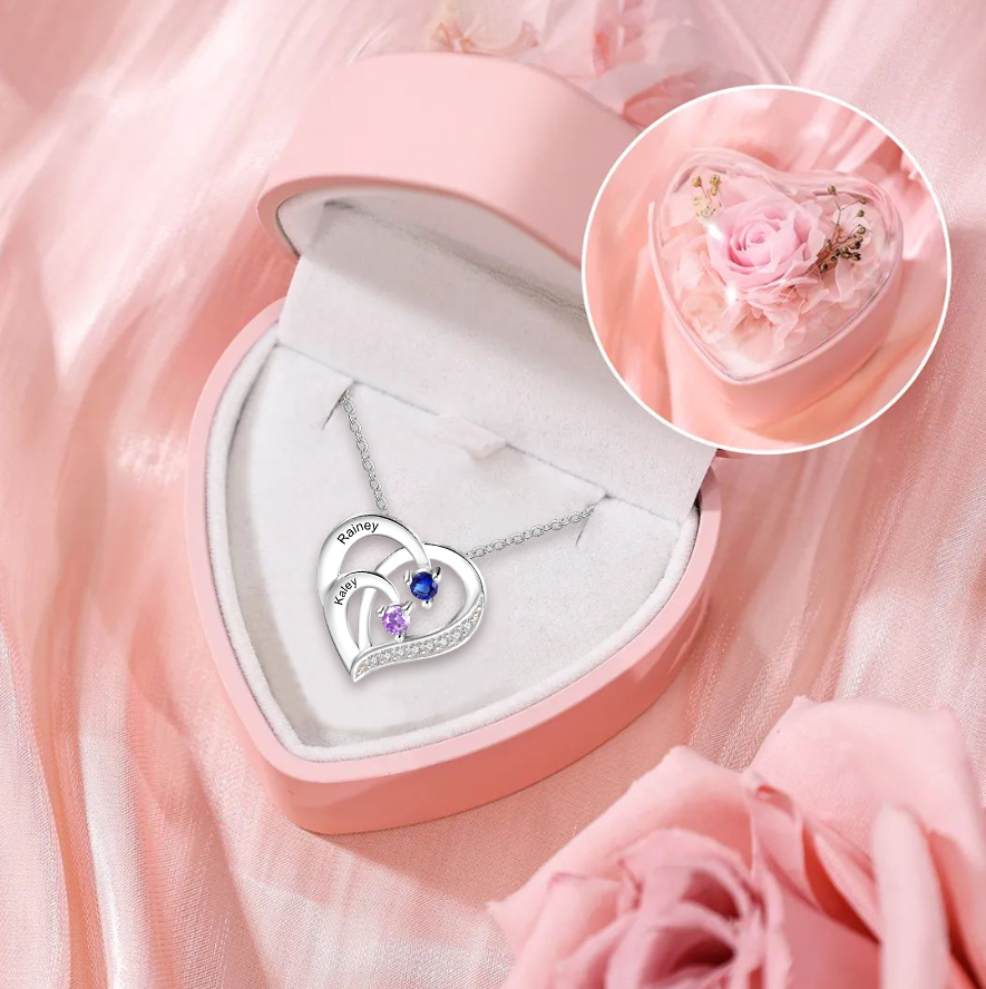 Collier Pendentif Cœur Personnalisé avec 2 Prénoms et 2 Pierres de Naissance Collier pour Femme | Jessemade