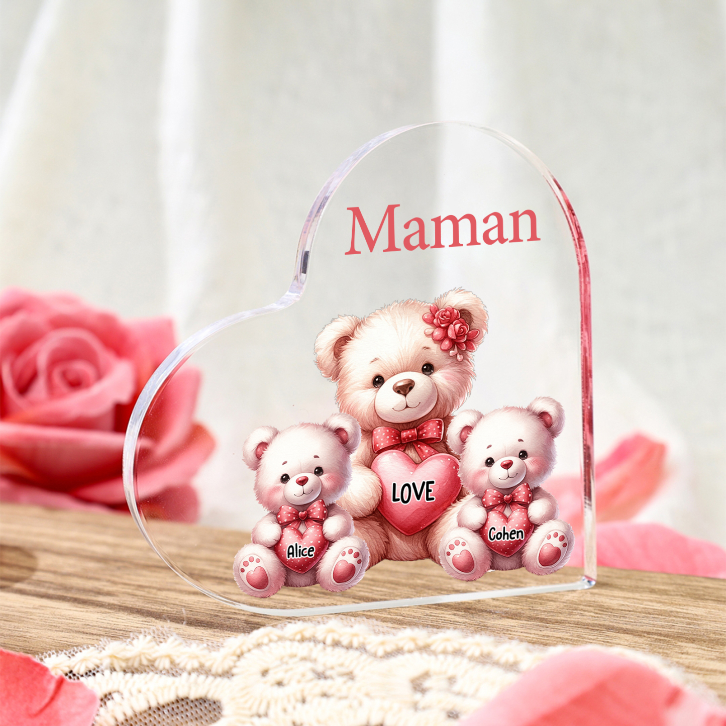 Bloc acrylique personnalisé en forme de cœur avec oursons et prénoms cadeau sentimental pour maman | Jessemade