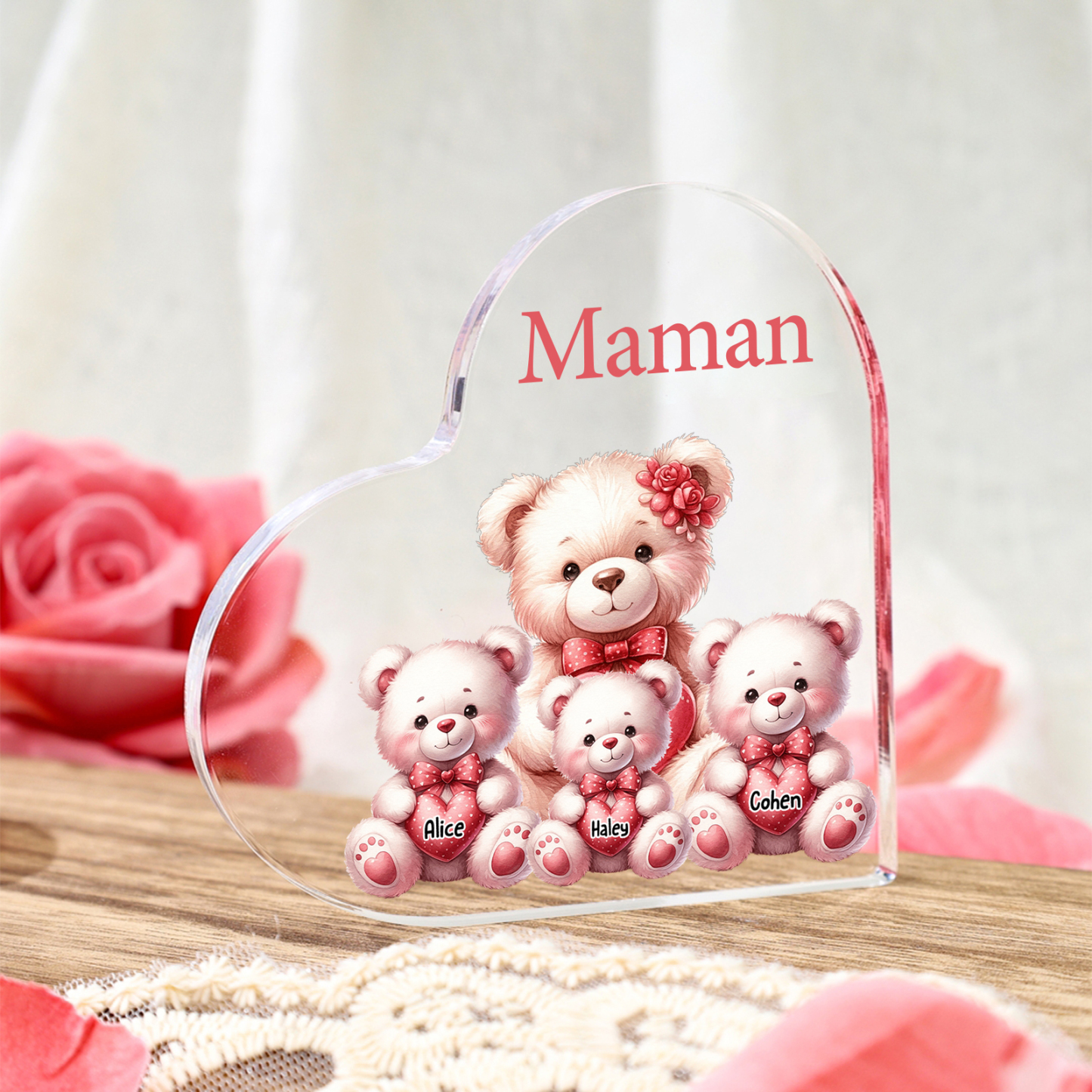 Bloc acrylique personnalisé en forme de cœur avec oursons et prénoms cadeau unique pour maman | Jessemade