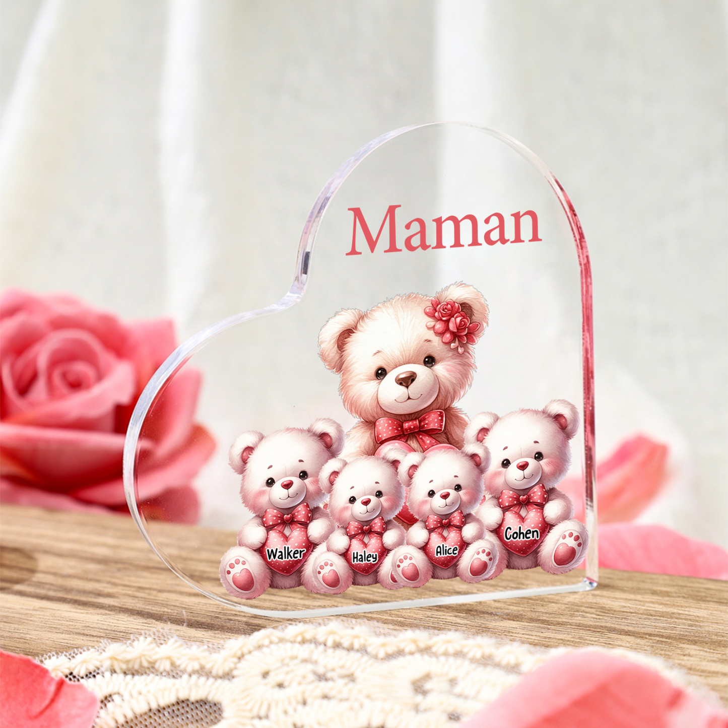À Maman/Mamie - Plaque Coeur en Acrylique Personnalisé avec 4 Prénoms et Texte Cadeau pour Maman/Mamie  | Jessemade