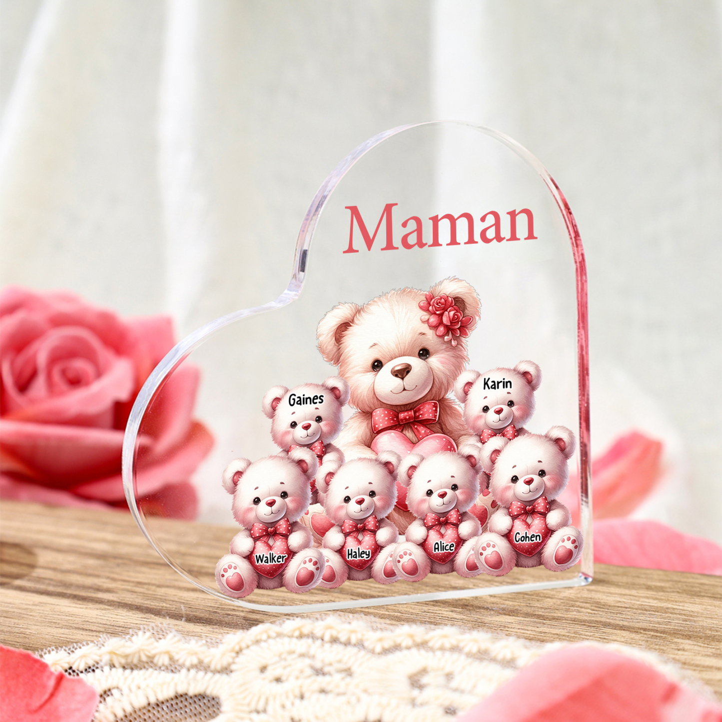 Bloc acrylique personnalisé en forme de cœur avec oursons et prénoms cadeau unique pour maman | Jessemade
