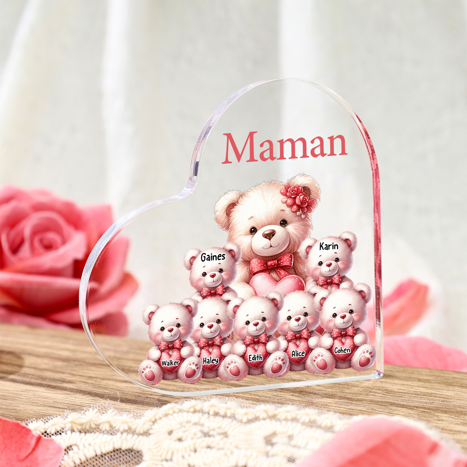 Bloc en acrylique personnalisé en forme de cœur avec oursons et prénoms cadeau unique pour maman | Jessemade