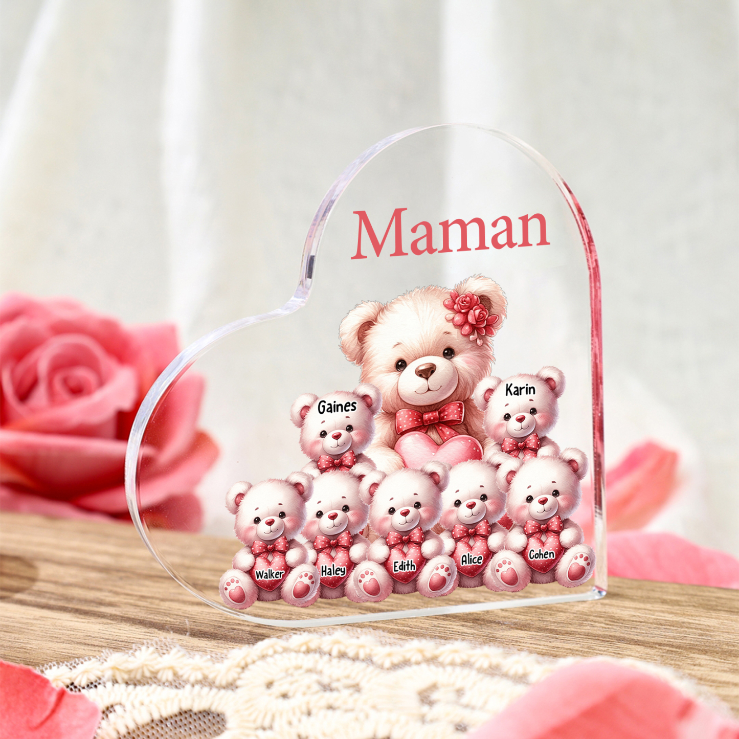 Bloc en acrylique personnalisé en forme de cœur avec oursons et prénoms cadeau unique pour maman | Jessemade