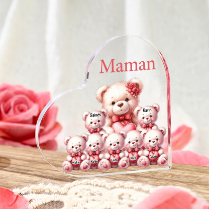 Bloc en acrylique personnalisé en forme de cœur avec oursons et prénoms cadeau unique pour maman | Jessemade