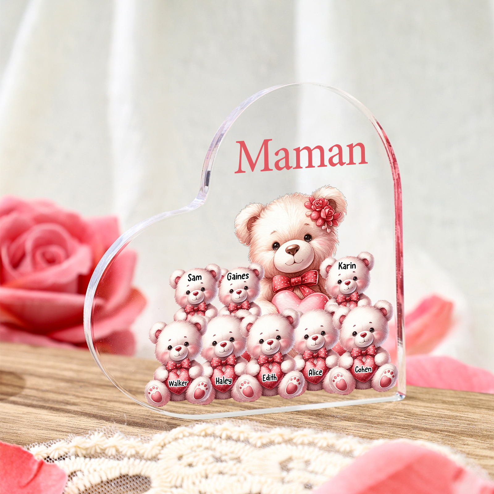 À Maman/Mamie - Plaque Coeur en Acrylique Personnalisé avec 8 Prénoms et Texte Cadeau pour Maman/Mamie  | Jessemade
