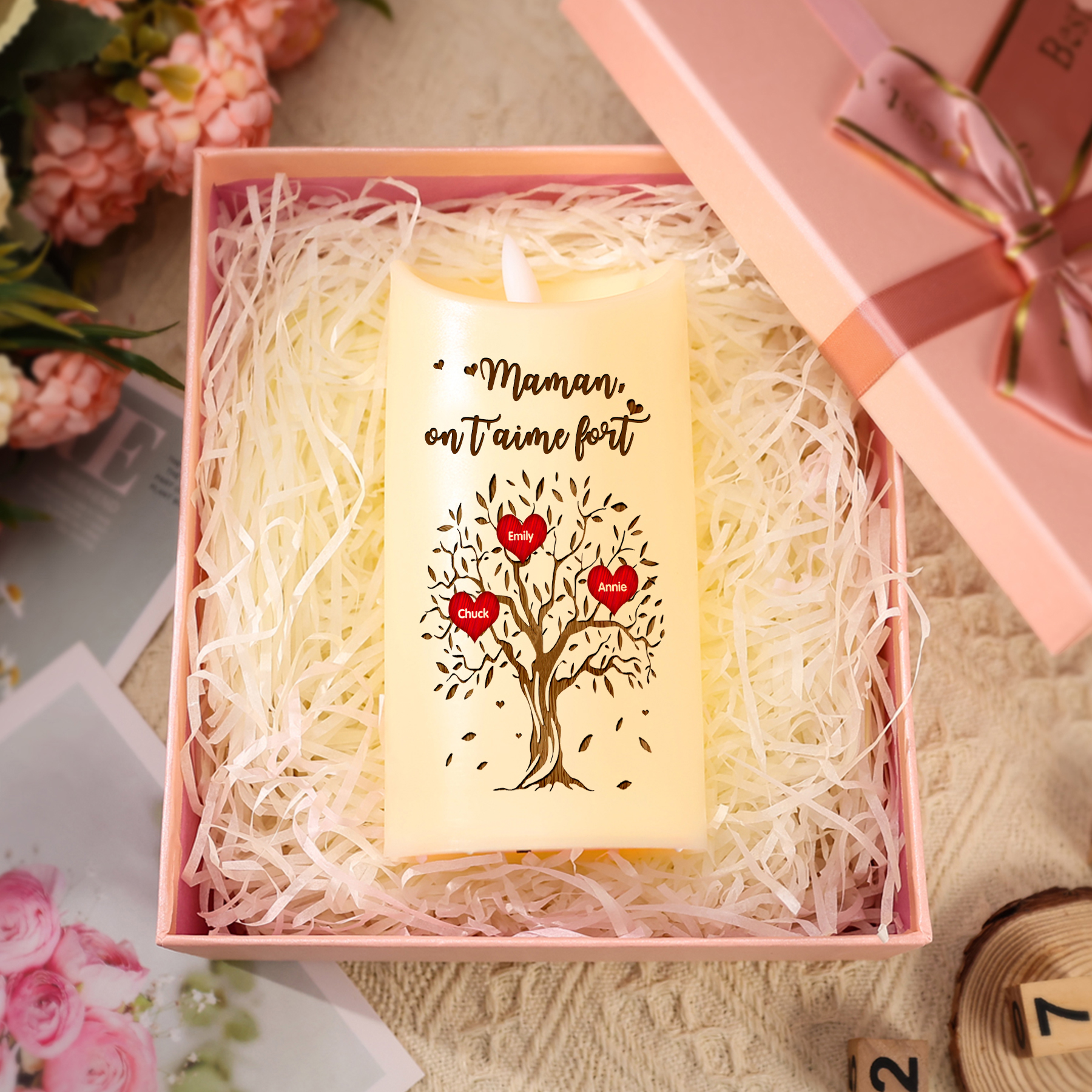 À Mamie/Maman - Bougie Électronique Personnalisée avec 3 Prénoms et Texte Arbre de Vie Bougie LED pour Mamie | Jessemade