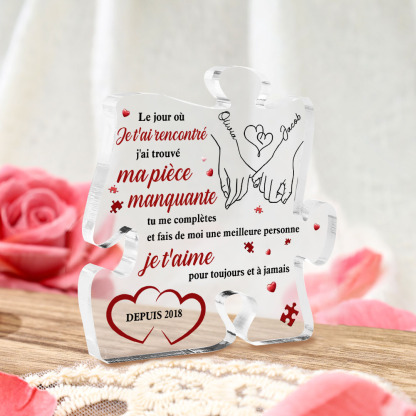 Plaque Acrylique en forme de Puzzle 2 Prénoms Personnalisés avec Date la Main dans la Main pour Couple-Jessemade FR