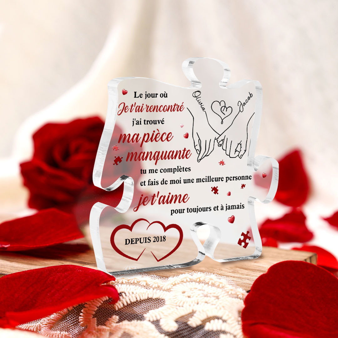 Plaque Acrylique en forme de Puzzle 2 Prénoms Personnalisés avec Date la Main dans la Main pour Couple