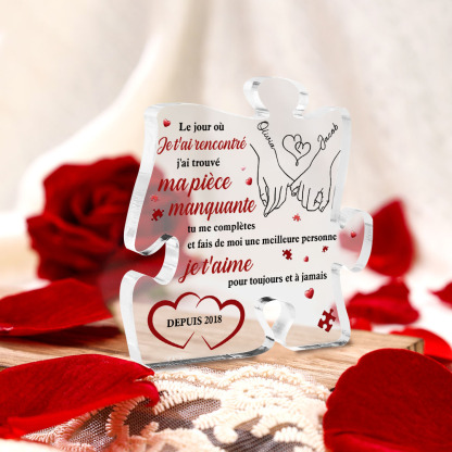 Plaque Acrylique en forme de Puzzle 2 Prénoms Personnalisés avec Date la Main dans la Main pour Couple