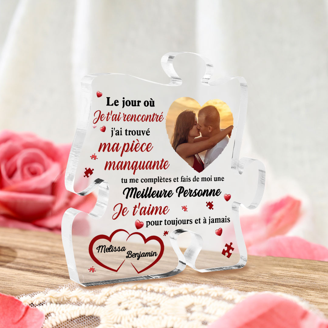 Plaque Acrylique en forme de Puzzle 2 Prénoms Personnalisés avec Photo pour Couple-Jessemade FR