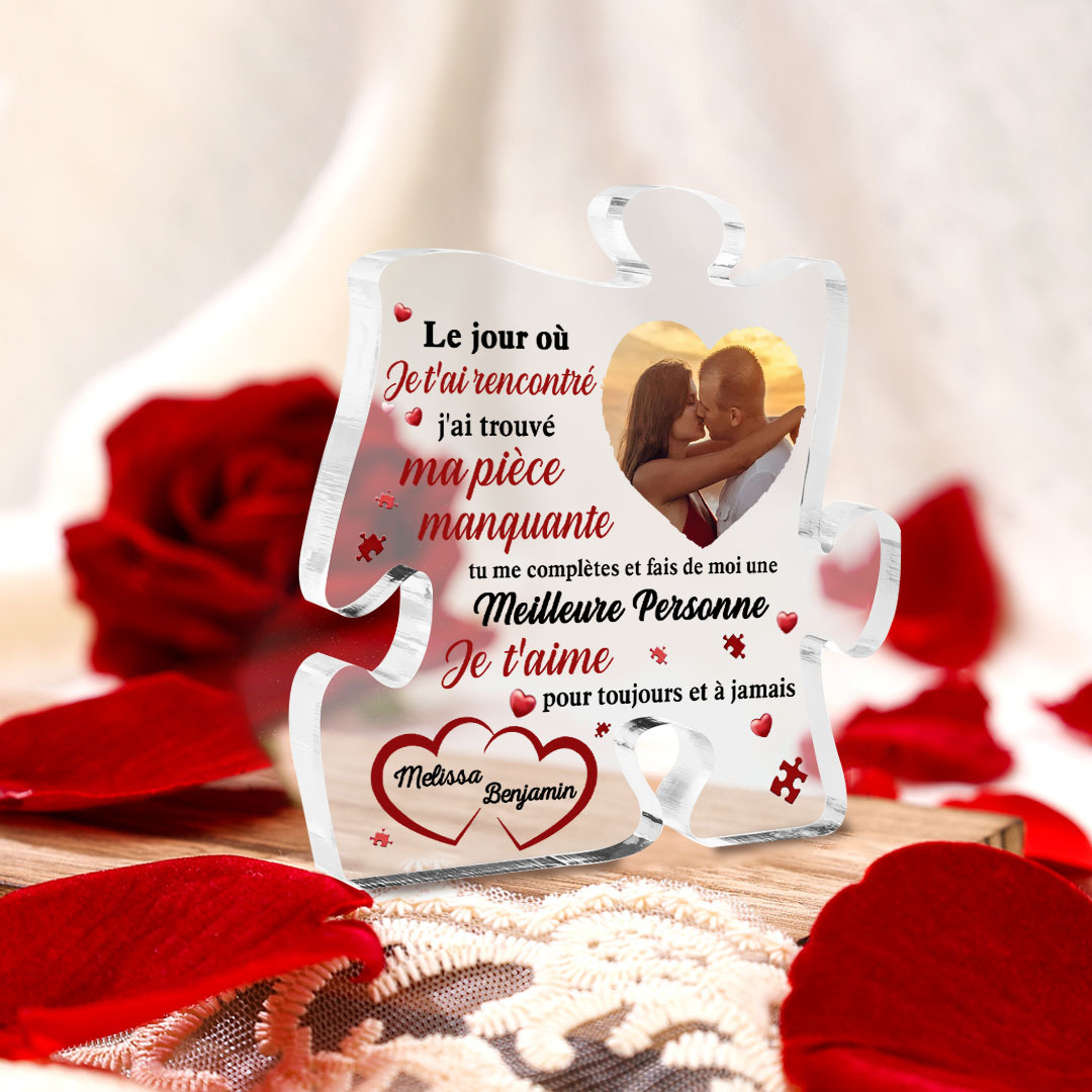 Plaque Acrylique en forme de Puzzle 2 Prénoms Personnalisés avec Photo pour Couple