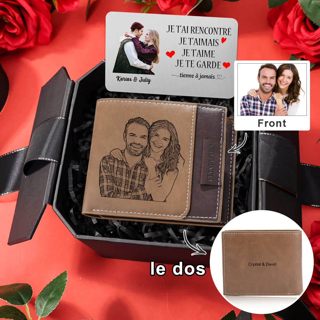 Portefeuille en Cuir Personnalisé avec Gravure Photo + Carte Métallique Gravée – Cadeau Émotionnel et Pratique pour Lui | Jessemade
