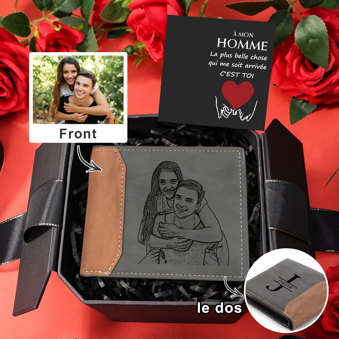 Portefeuille Personnalisé avec 1 Prénom Photo et Lettre Cadeau Coffret pour Homme | Jessemade