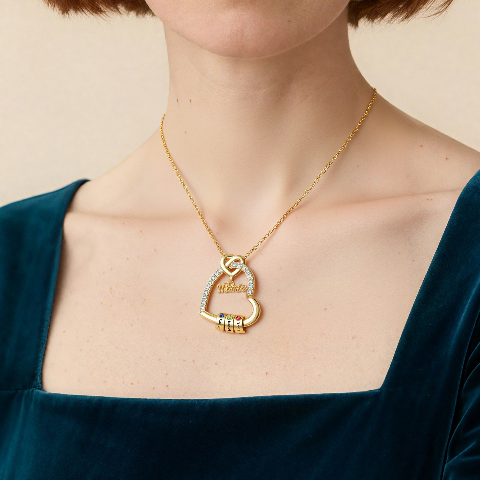 Collier Mamie Personnalisé avec 1-5 Prénoms et Pierres de Naissance Collier Cœur pour Grand-Mère | Jessemade