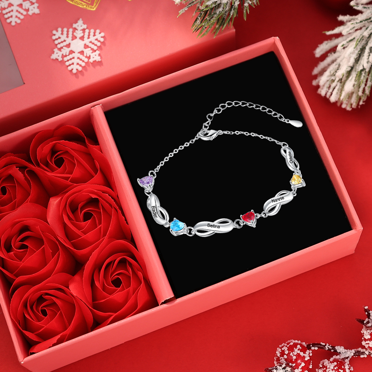 Bracelet infini à Breloque Coeurs Bracelet Pierre De Naissance Personnalisé avec 1-7 Prénoms pour Femmes｜Jessemade