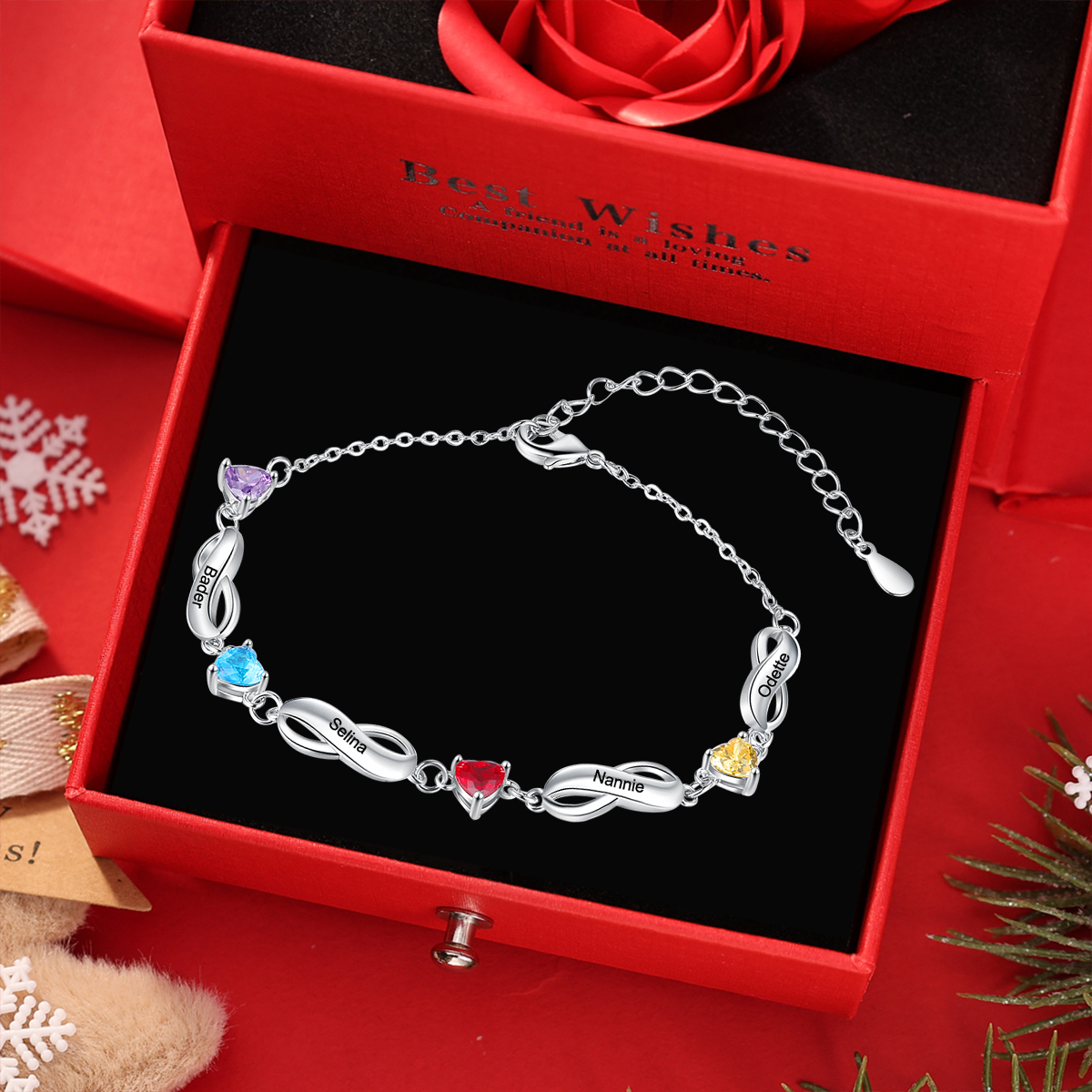 Bracelet infini à Breloque Coeurs Bracelet Pierre De Naissance Personnalisé avec 1-7 Prénoms pour Femmes｜Jessemade