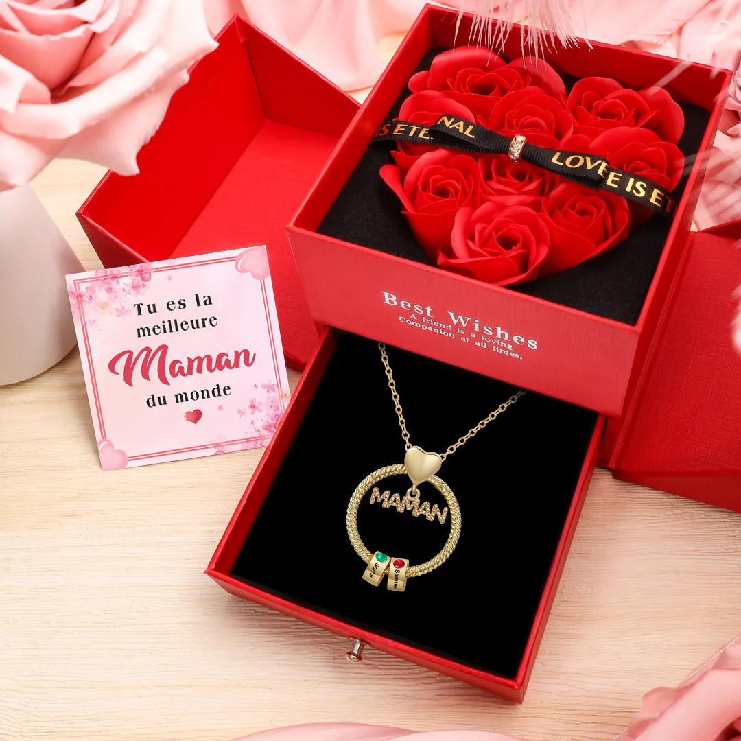 Collier Maman Personnalisé avec 1–5 Prénoms et Pierres de Naissance – Bijou pour Maman avec Coffret