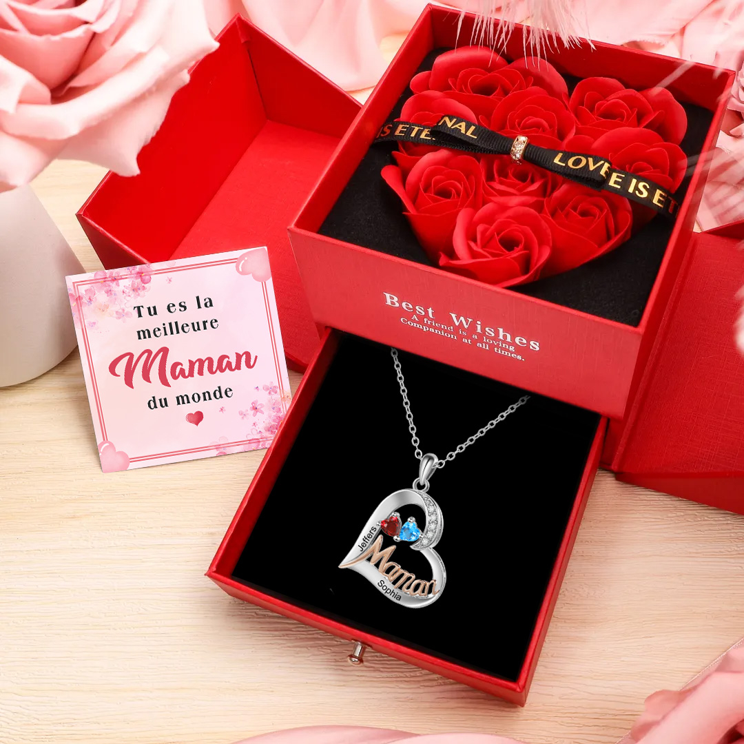 À Ma Maman-Collier Coeur 1-5 Prénoms Personnalisés avec 1-5 Pierres de Naissance｜Jessemade