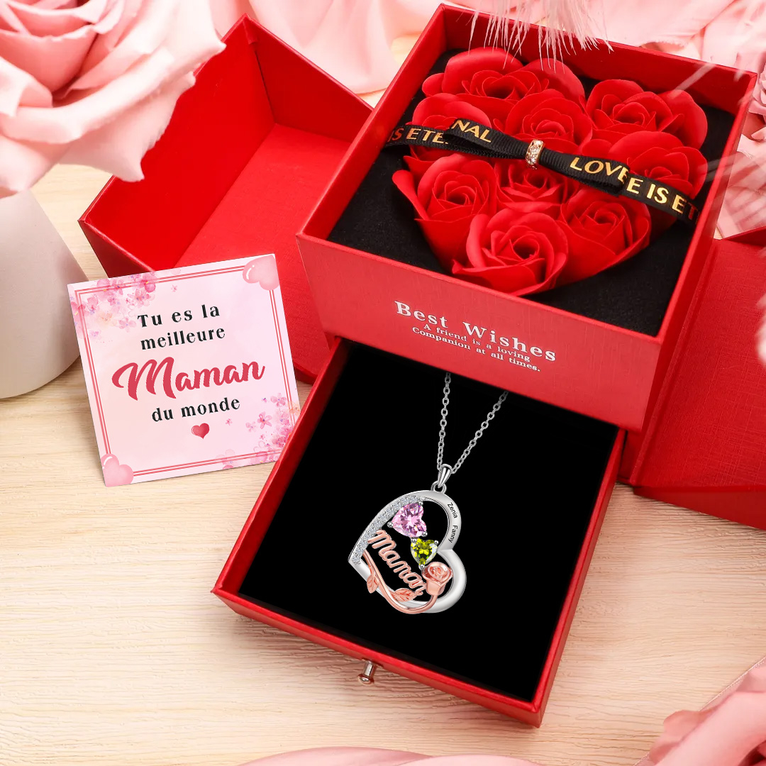 Collier Maman Bicolore Cœur et Rose, Pierre de naissance