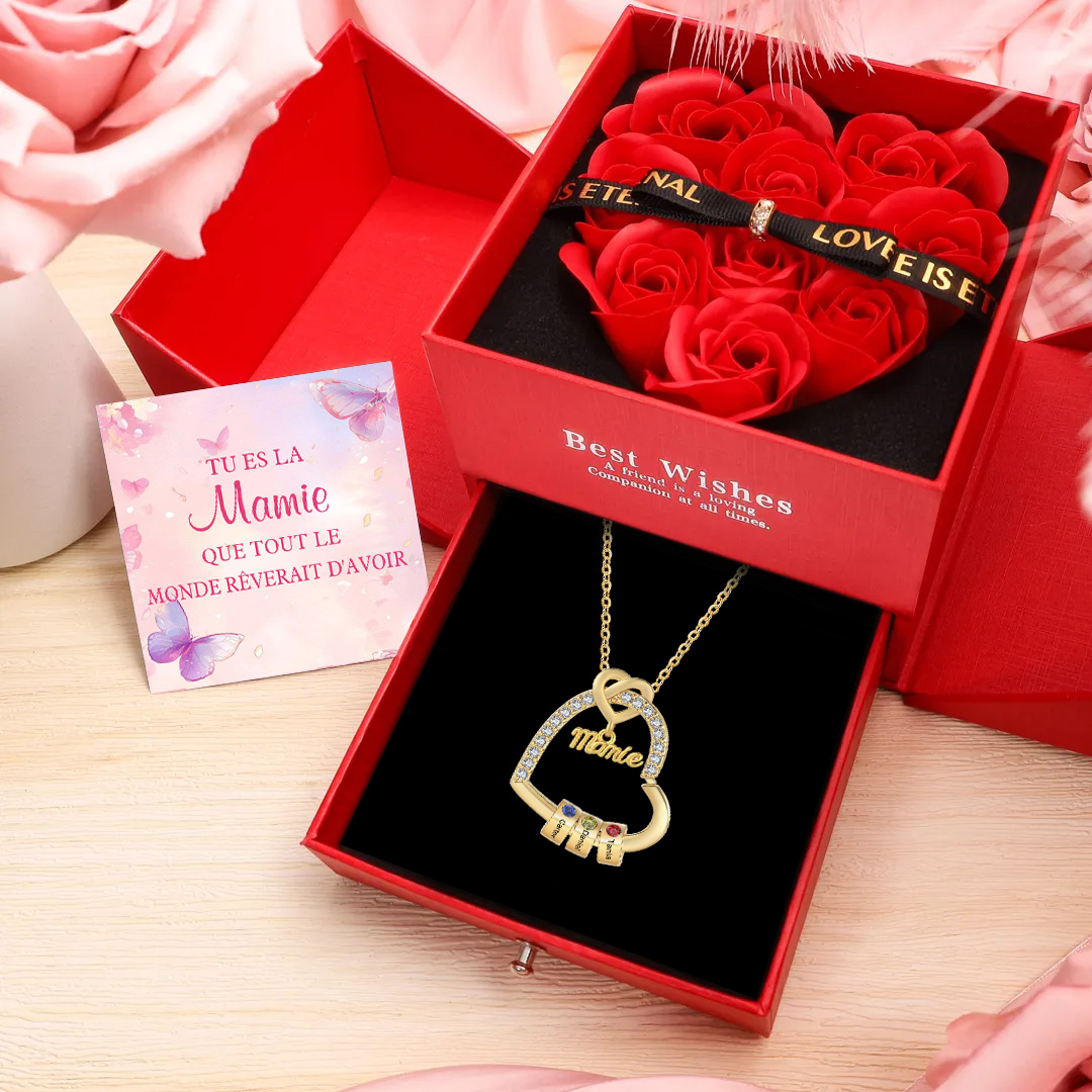 Collier Coeur Personnalisé Mamie avec Pierres de Naissance – Cadeau Unique à Offrir