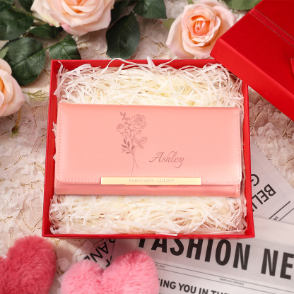 Portefeuille Personnalisé en cuir PU avec Fleur de Naissance et Prénom Porte-monnaie pour Femme | Jessemade