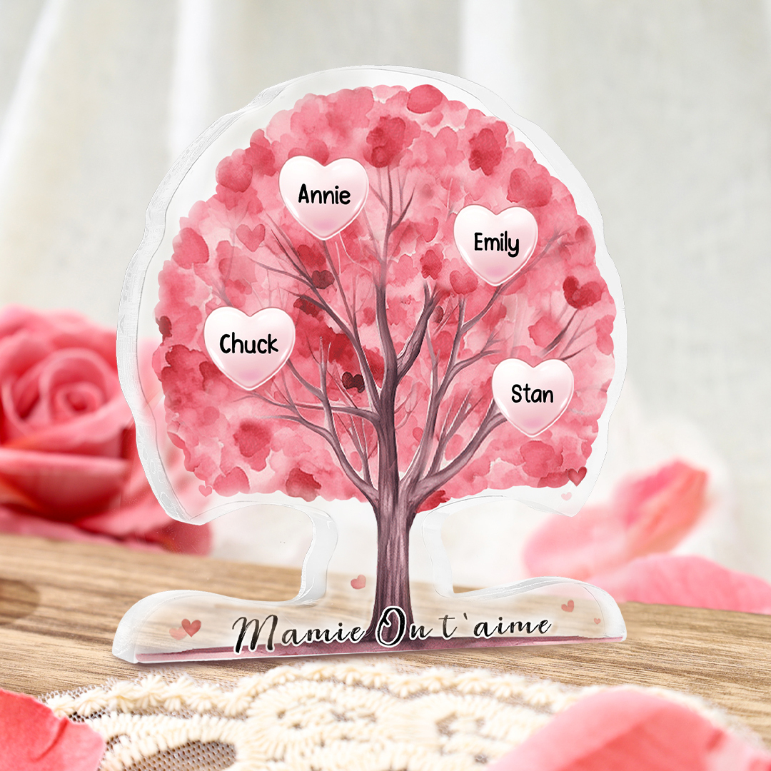 À Mamie/Maman - Plaque Acrylique en Forme d'Arbre de Vie Personnalisé avec 4 Prénoms et Texte Cadeau pour Famille | Jessemade