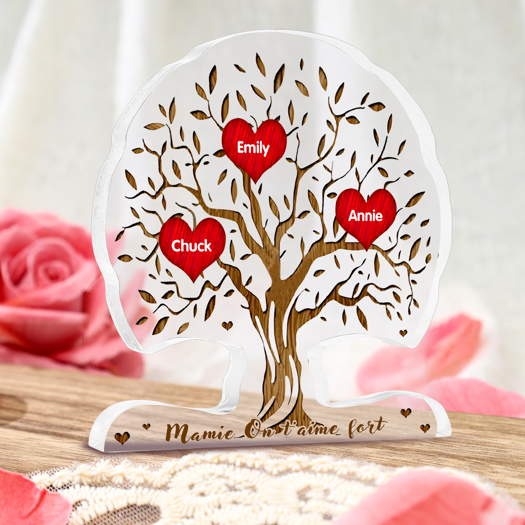 À Mamie/Maman - Plaque Acrylique en Forme d'Arbre de Vie 3 Prénoms Personnalisés avec Texte Cadeau Famille | Jessemade