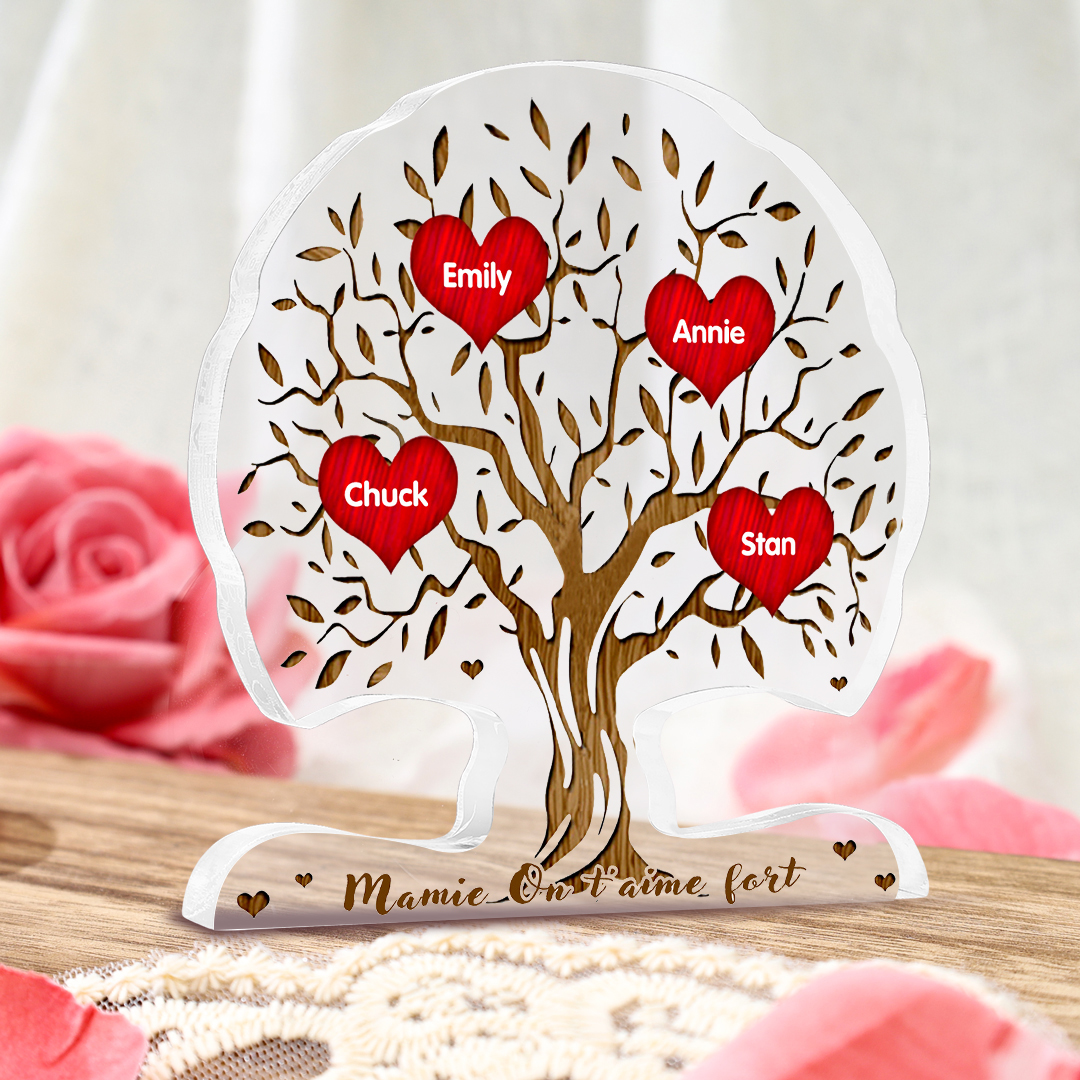 À Mamie/Maman - Plaque Acrylique en Forme d'Arbre de Vie 4 Prénoms Personnalisés avec Texte Cadeau Famille | Jessemade