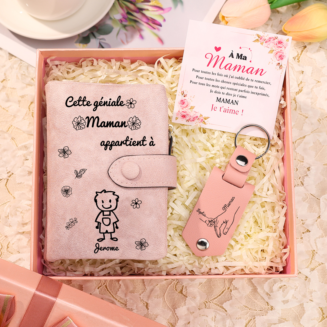 3PCS Coffret Cadeau - À Votre Maman Portefeuille et Porte-Clés Personnalisé avec Prénom Photo et Enfant Dessin Cadeau pour Mère | Jessemade
