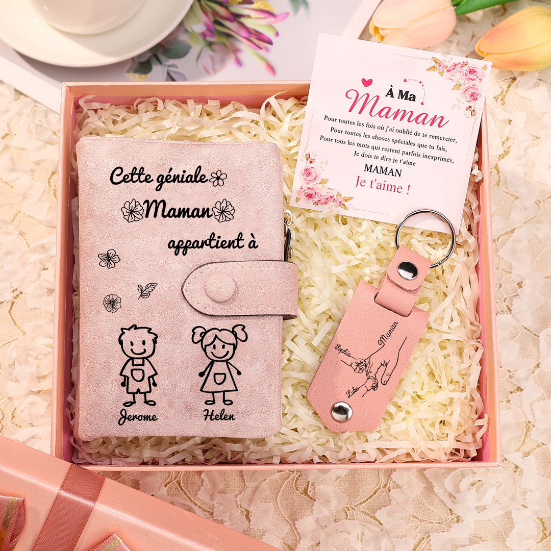 3PCS Coffret Cadeau - À Votre Maman Portefeuille et Porte-Clés Personnalisé avec 2 Prénoms et Dessins Enfant Photo Cadeau pour Mère | Jessemade