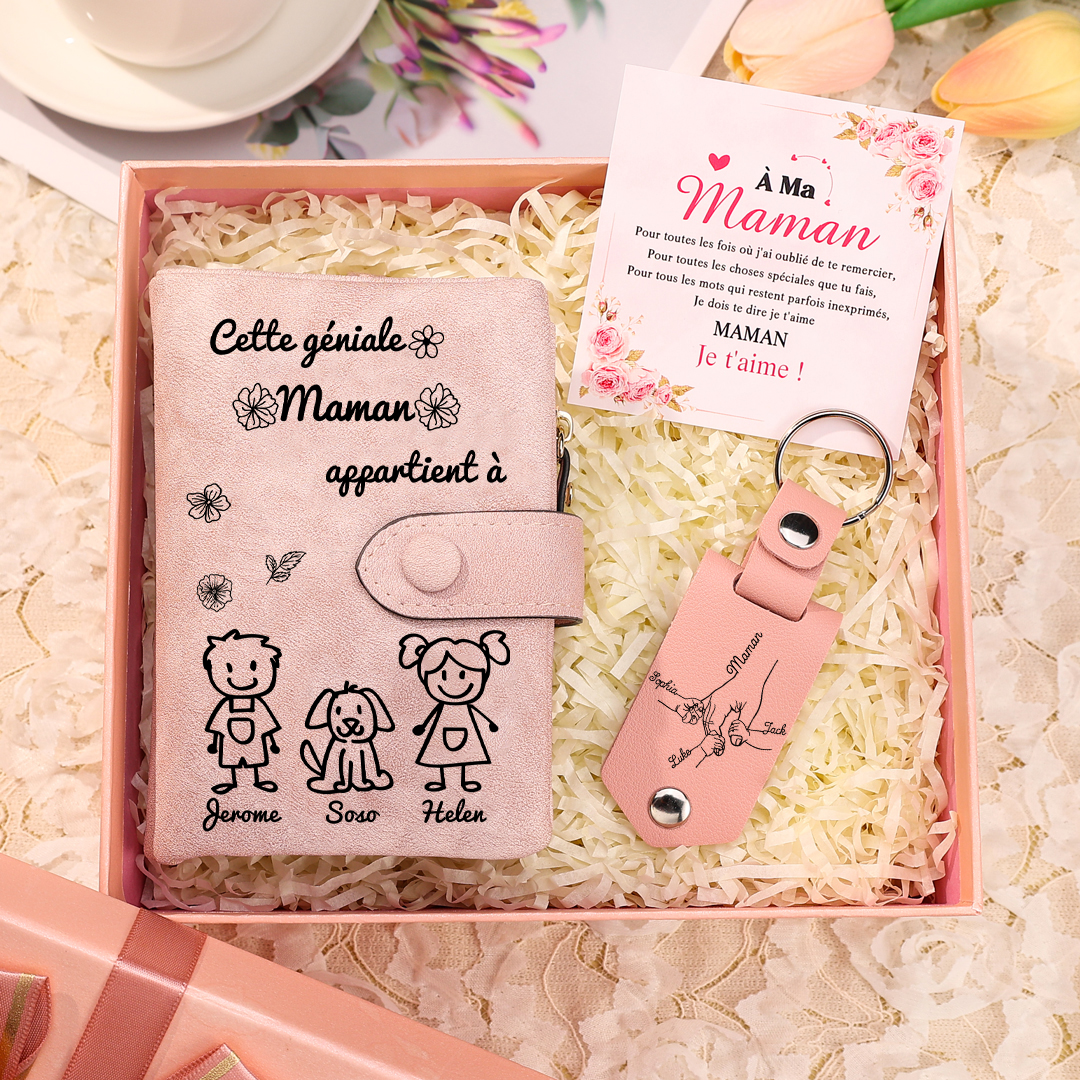 3PCS Coffret Cadeau - À Votre Maman Portefeuille et Porte-Clés Personnalisé avec 3 Prénoms et Dessins Enfant Photo Cadeau pour Mère | Jessemade
