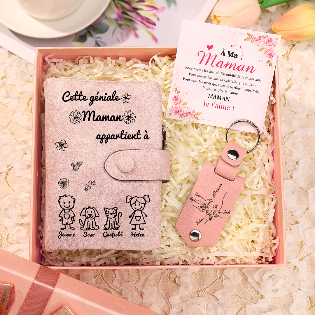 3PCS Coffret Cadeau - À Votre Maman Portefeuille et Porte-Clés Personnalisé avec 4 Prénoms et Dessins Enfant Photo Cadeau pour Mère | Jessemade