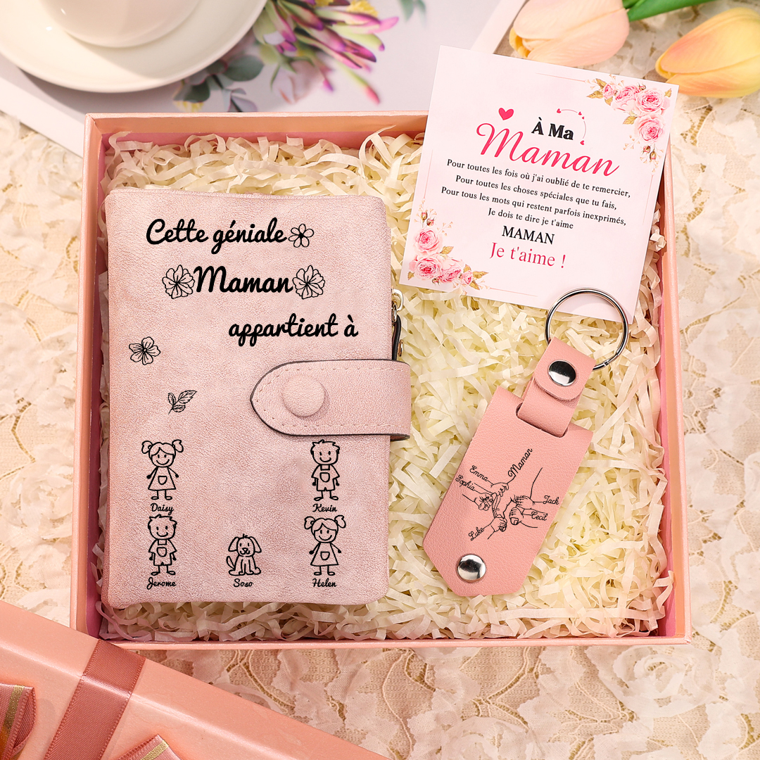 3PCS Coffret Cadeau - À Votre Maman Portefeuille et Porte-Clés Personnalisé avec 5 Prénoms et Dessins Enfant Photo Cadeau pour Mère | Jessemade