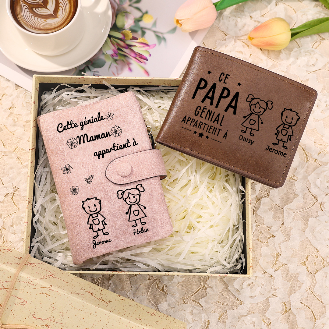 2PCS Coffret Cadeau - À Vos Parents Portefeuille Femme et Portefeuille Homme Personnalisé avec 2 Prénoms Photo et 2 Dessins Enfant | Jessemade