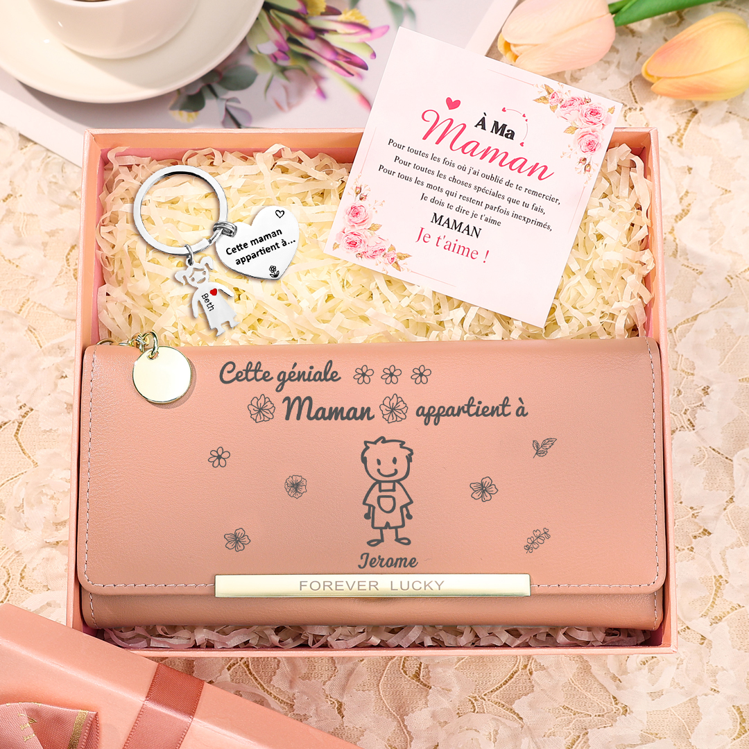 À Maman 3PCS Portefeuille Long Porte-Clés et Carte1 Prénom et Dessin Enfant Personnalisés avec 1 Breloque Enfant | Jessemade