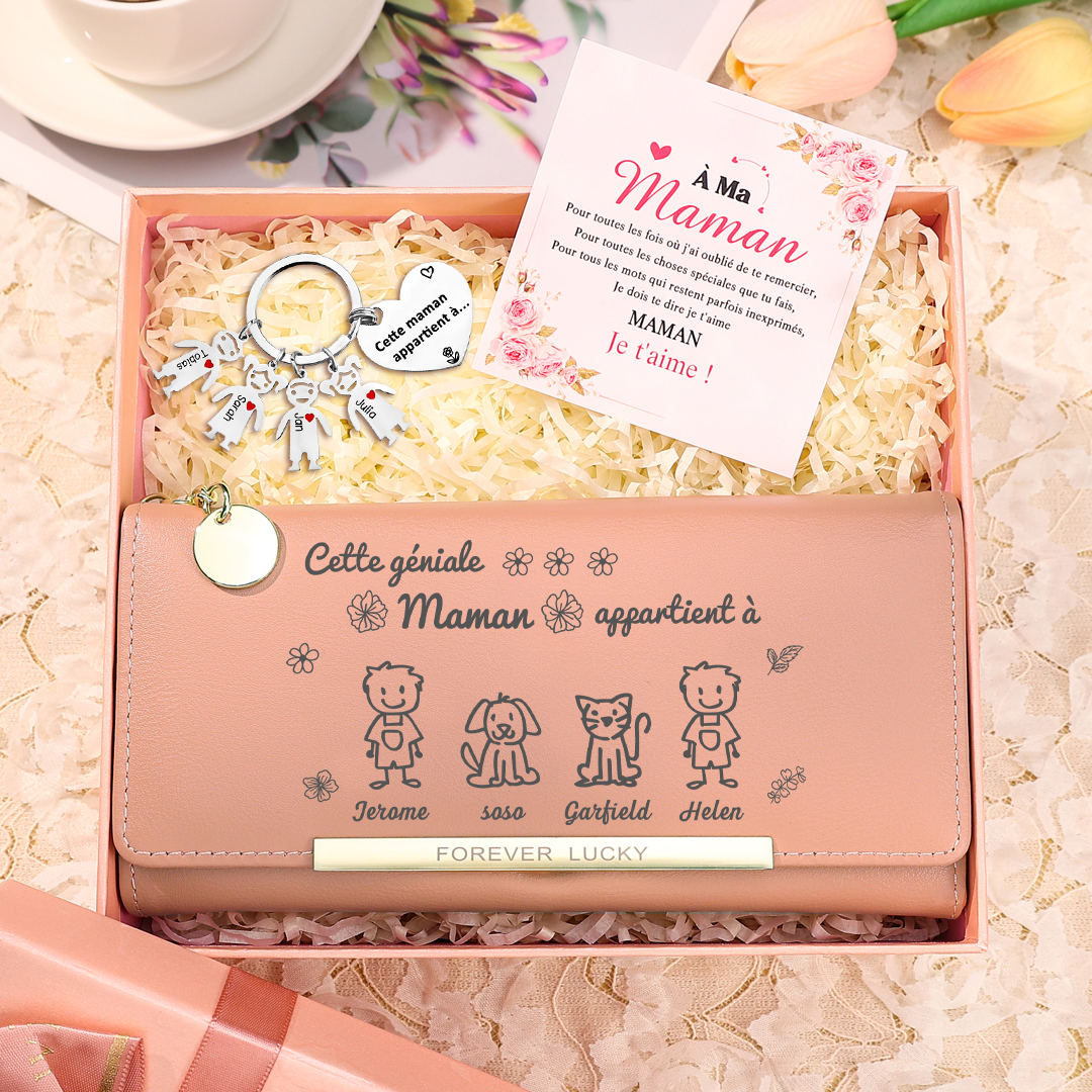 À Maman 3PCS Portefeuille Long Porte-Clés et Carte 4 Prénoms et Dessins Enfant Personnalisés avec 4 Breloques Enfant | Jessemade