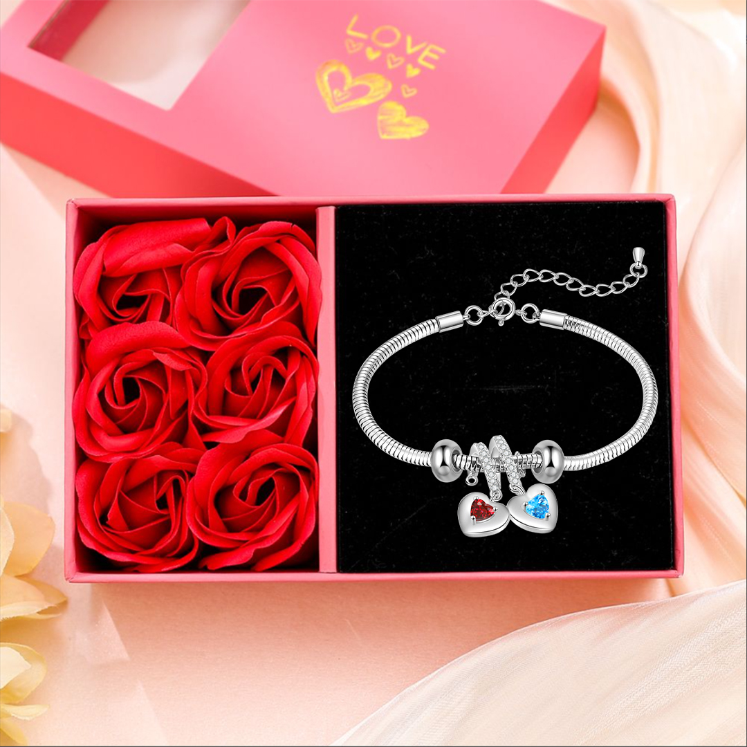 Bracelet Personnalisé avec 2 Prénoms et Pierres de Naissance Bracelet avec pendentif en forme de coeur Avec Coffret | Jessemade