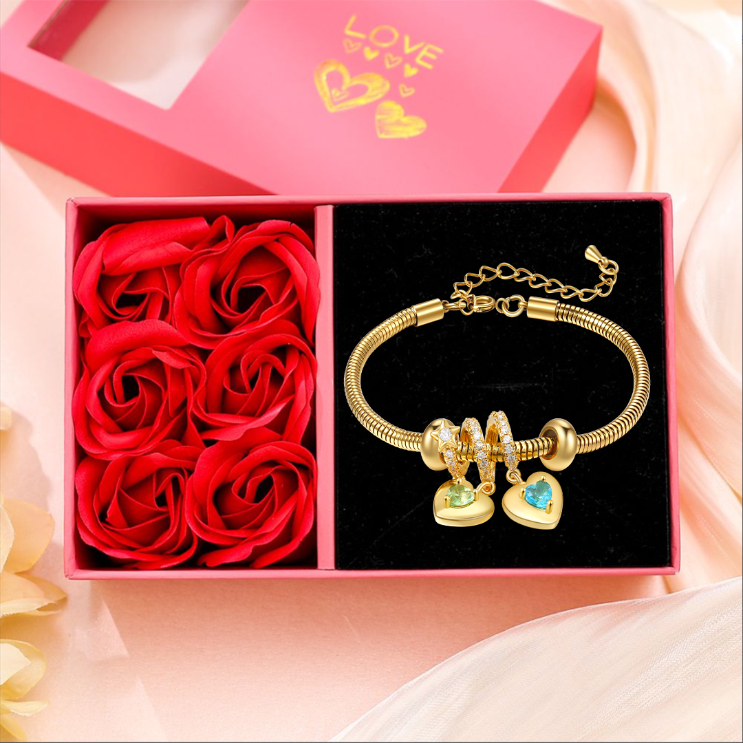 Bracelet Personnalisé avec 2 Prénoms et Pierres de Naissance Bracelet Pendentif Coeur Personnalisable Avec Coffret | Jessemade