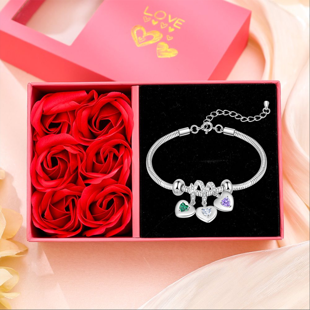 Bracelet Personnalisé avec 3 Prénoms et Pierres de Naissance Bracelet avec pendentif en forme de coeur Avec Coffret | Jessemade