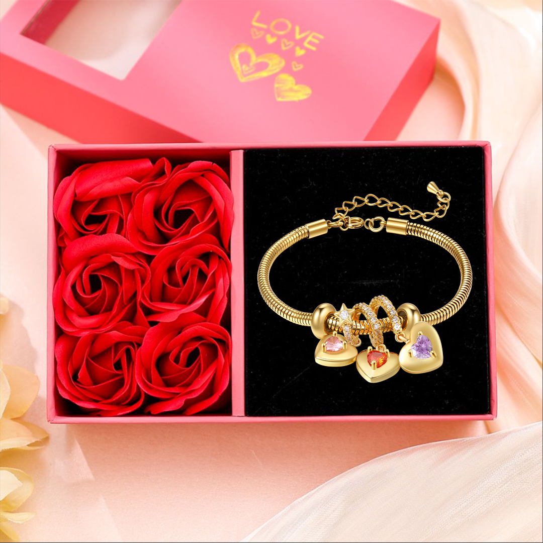 Bracelet Personnalisé avec 3 Prénoms et Pierres de Naissance Bracelet Pendentif Coeur Personnalisable Avec Coffret | Jessemade