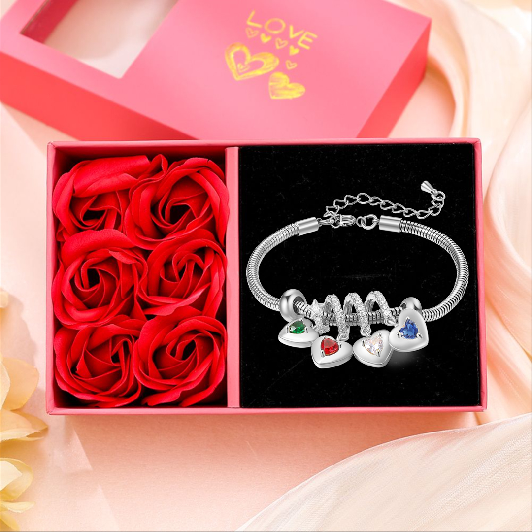 Bracelet Personnalisé avec 4 Prénoms et Pierres de Naissance Bracelet avec pendentif en forme de coeur Avec Coffret | Jessemade