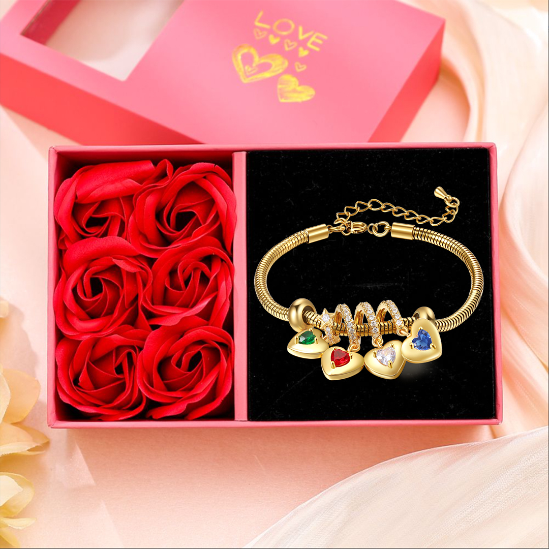 Bracelet Personnalisé avec 4 Prénoms et Pierres de Naissance Bracelet Pendentif Coeur Personnalisable Avec Coffret | Jessemade