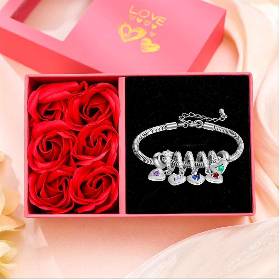 Bracelet Personnalisé avec 5 Prénoms et Pierres de Naissance Bracelet avec pendentif en forme de coeur Avec Coffret | Jessemade